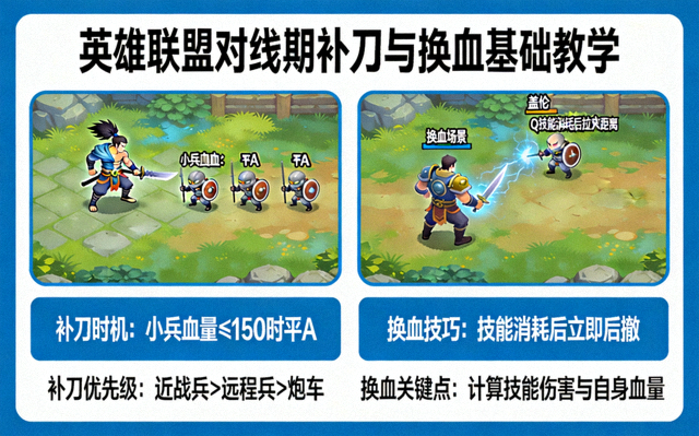 英雄联盟对线期补刀与换血基础教学示意图